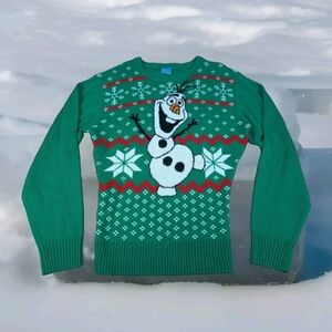 ***Disney Green Crewneck Sweater with Snowman Olaf Design Size Large